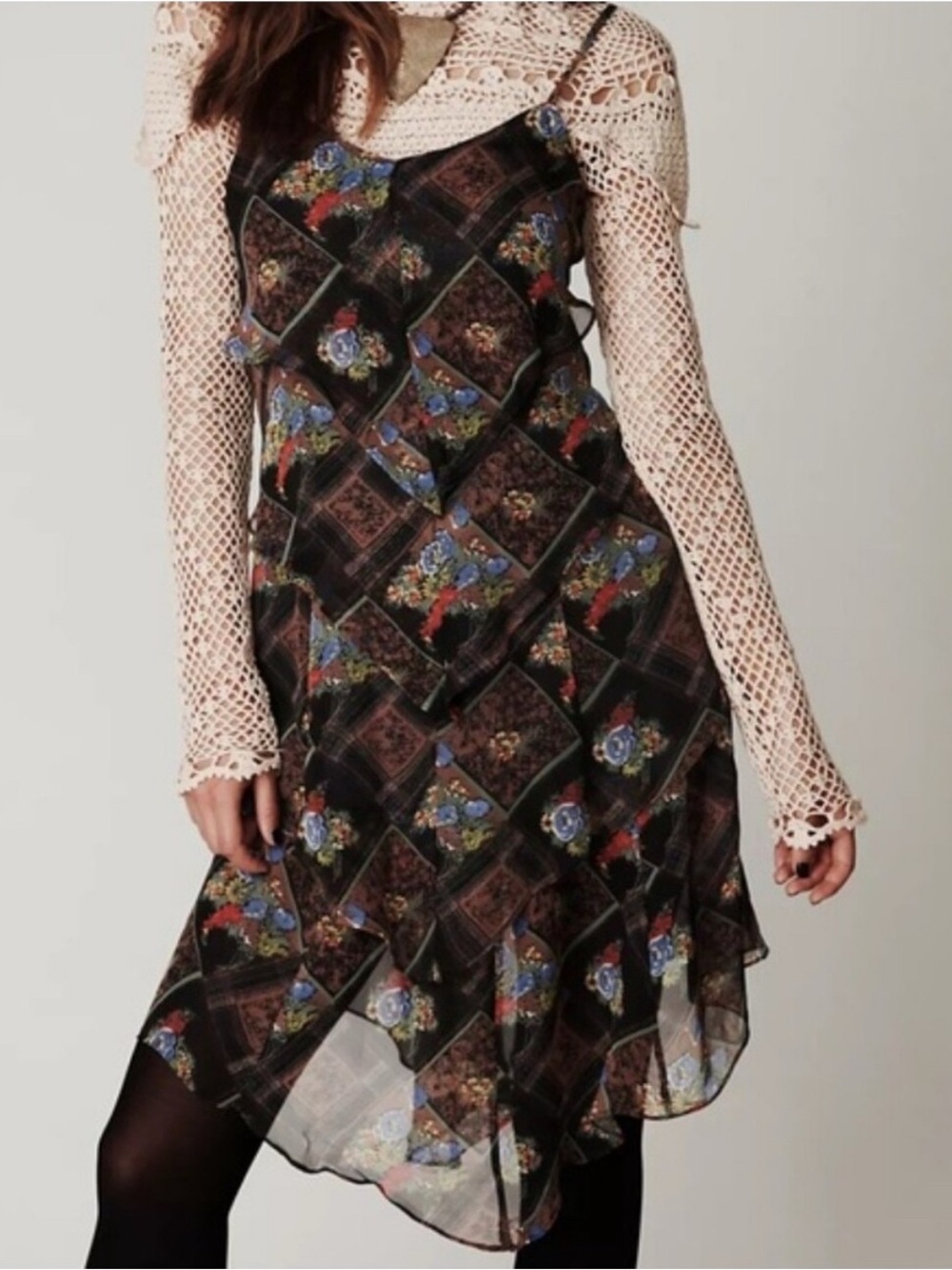 Free People Black Slip Dress with Multicolor Floral Trim